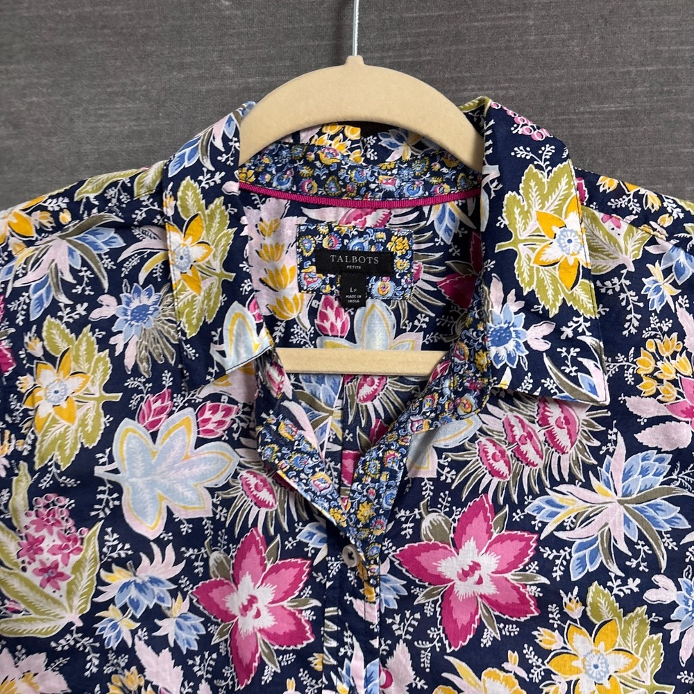 Talbots Top L Petite Blue Pink‎ Yellow Floral Cotton Button Lightweight Tunic